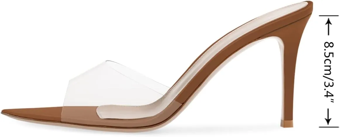 XINIUNIU Clear Mules for Women Heeled Sandals Pointed Open Toe Transparent Stilettos 3.5 inch Backless Slip On Dress Shoes for Party Wedding