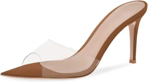 XINIUNIU Clear Mules for Women Heeled Sandals Pointed Open Toe Transparent Stilettos 3.5 inch Backless Slip On Dress Shoes for Party Wedding