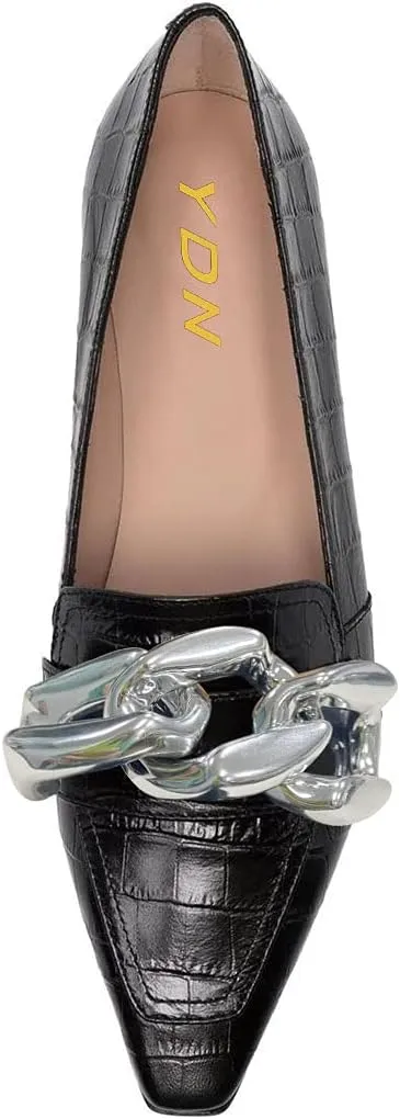 YDN Women Chic Closed Toe Ballet Flats Metal Chain Slip On Pumps Loafers Soft Walking Shoes