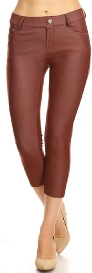YELETE New Women's Stretchy Skinny Jeggings Shorts & Capri Pull On Style Trends SNJ (Small, Coffee)
