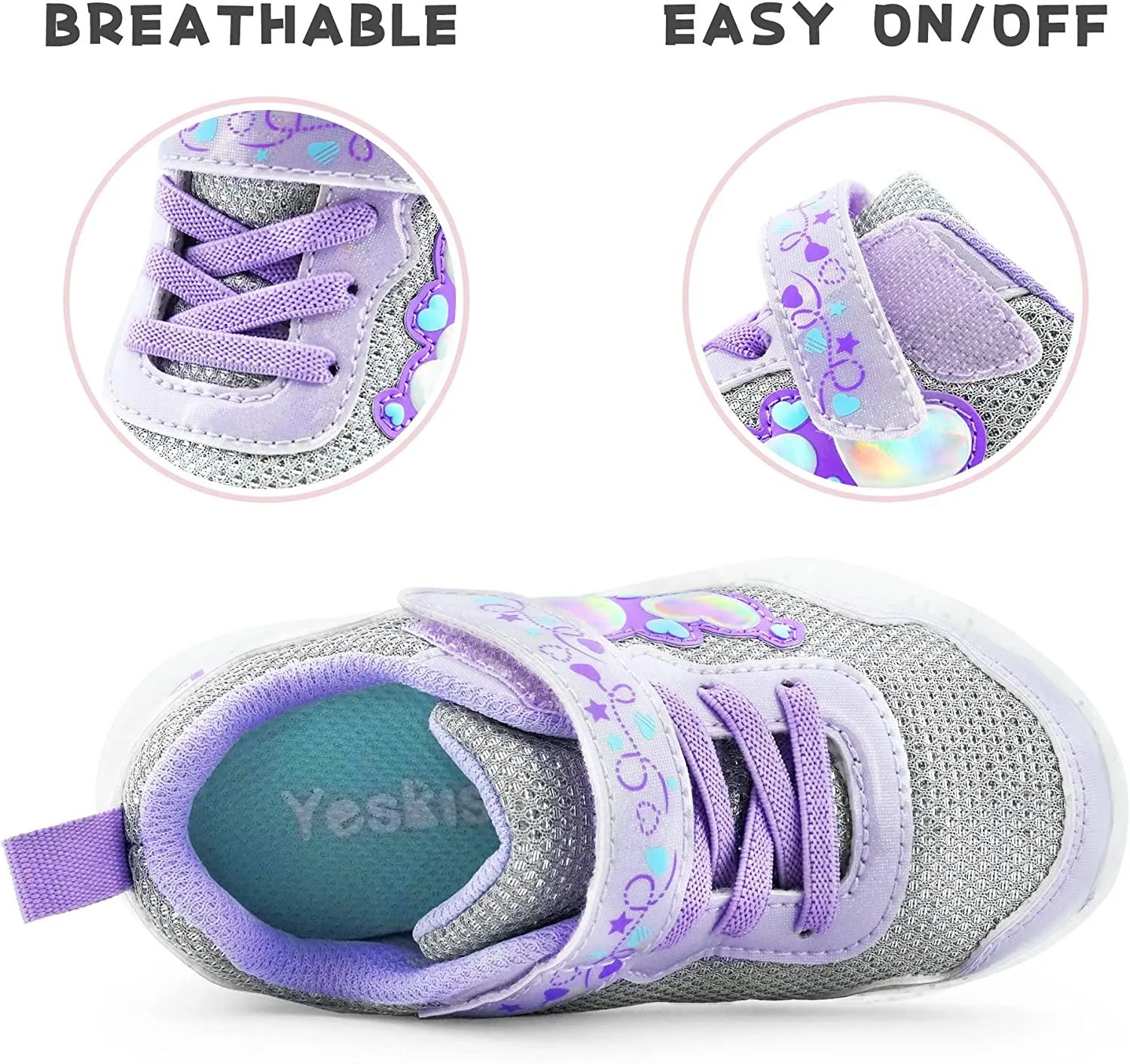 YESKIS Diva Heart Girls Light Up Running Sneakers Silver
