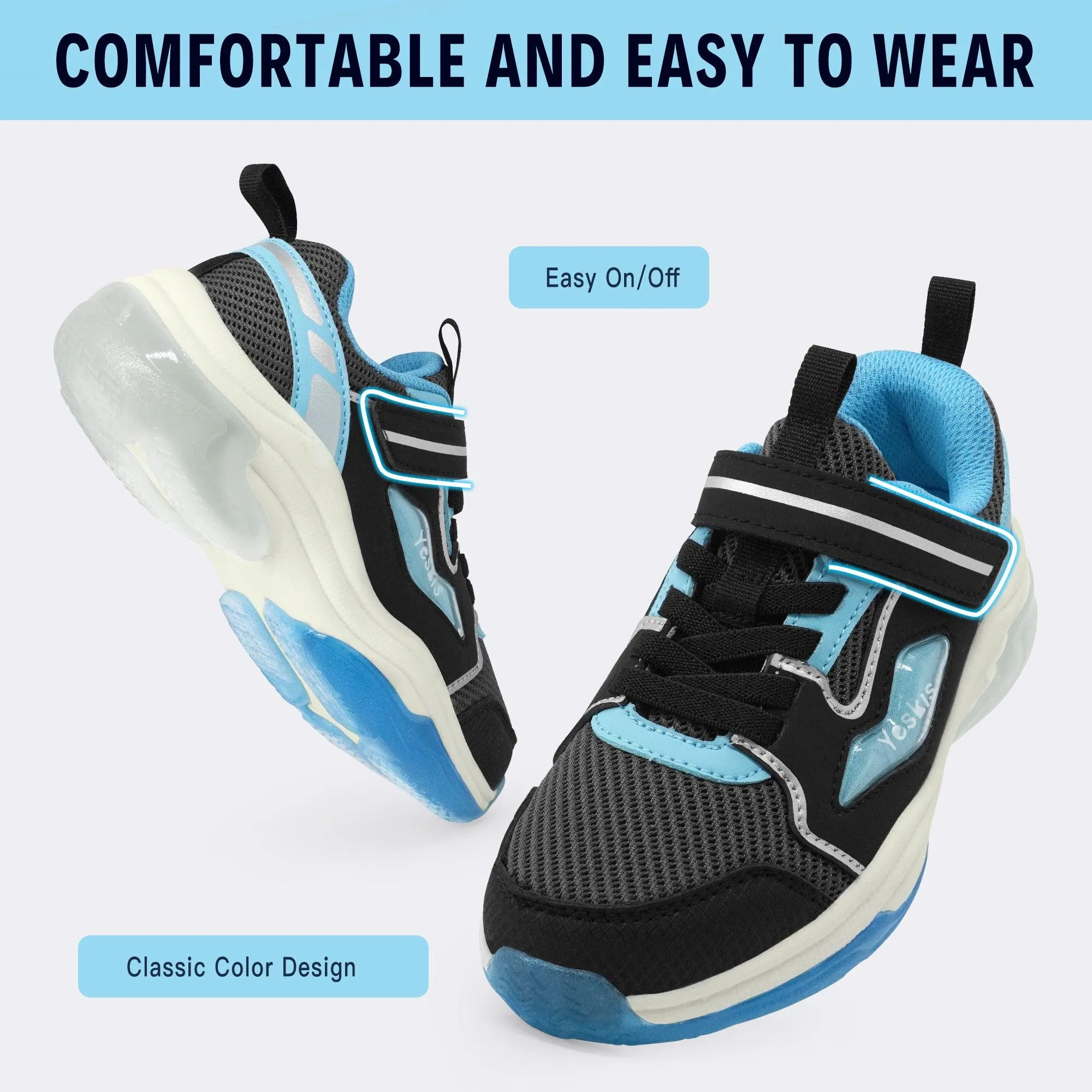 YESKIS FutuVibe Light Up Boys Sneakers for Kids Black/Light Blue