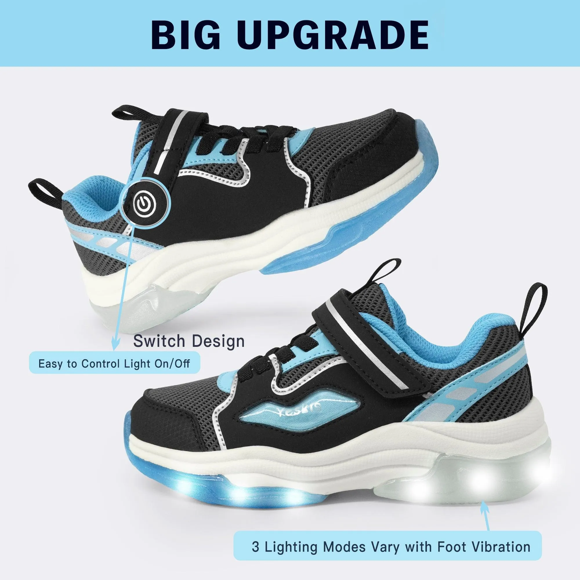 YESKIS FutuVibe Light Up Boys Sneakers for Kids Black/Light Blue
