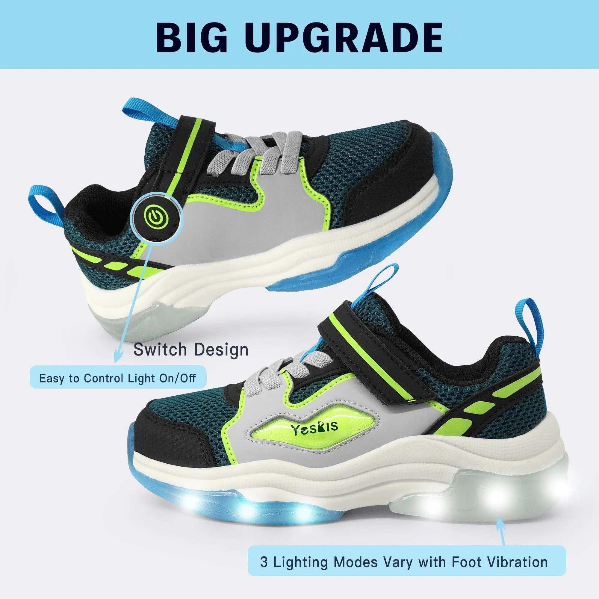 YESKIS FutuVibe Light Up Boys Sneakers for Kids Grey/Dark Green