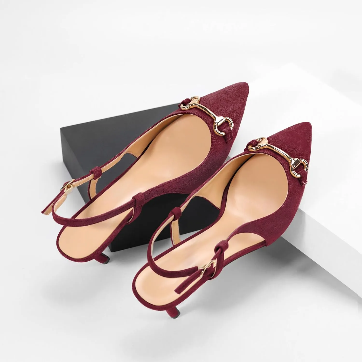 YODEKS Women Slingback Heels Low Kitten Heels Pumps 2.5 Inches Closed Pointed Toe Buckle Comfy Dress Shoes