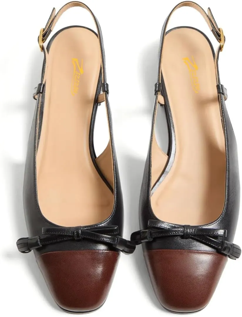 Zszszsu Women's Square Cap Toe with Bow Pumps Chunky Block Low Heels Slingback Buckled Strap Dressy Casual Comfy Daily Wear Shoes Size 4-16 US